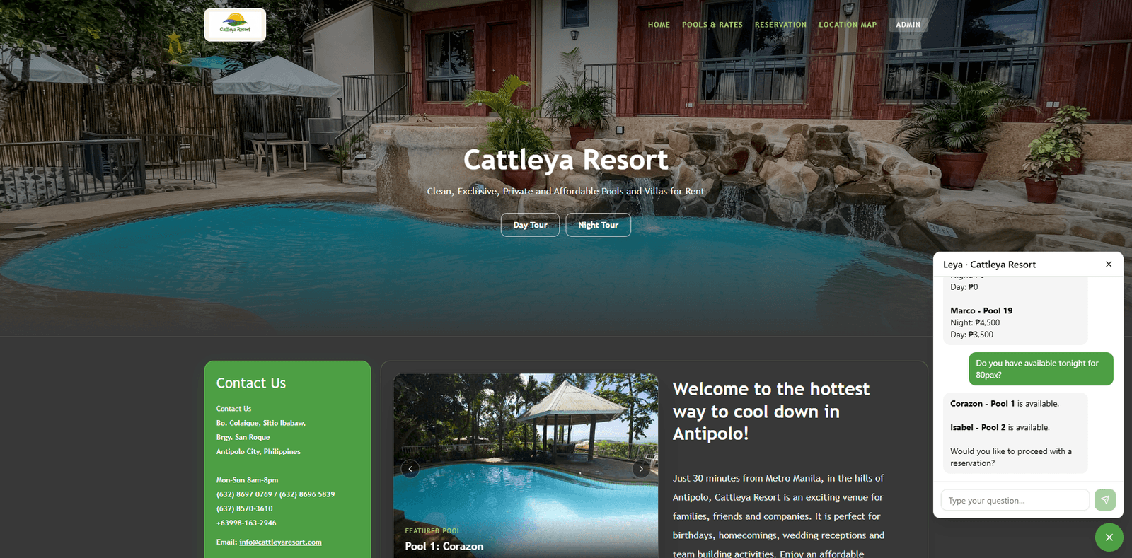 Leya answering a real-time availability question, listing available pools with their rates